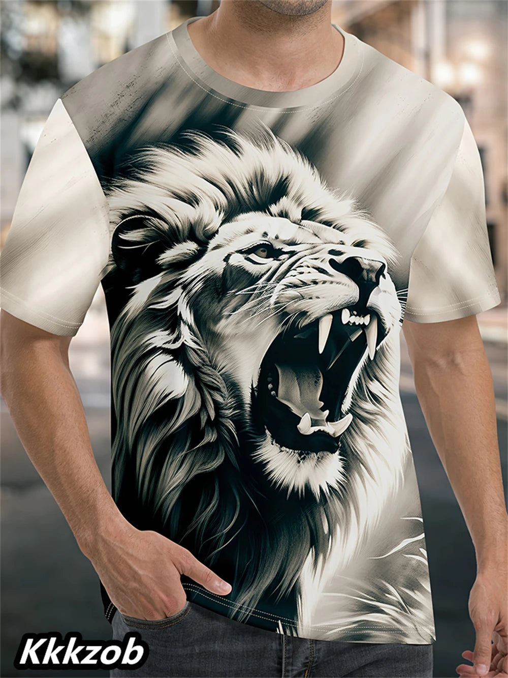 Mens Lion Print Short Sleeve Crew Neck T-Shirt Soft Breathable Casual Wear Outdoor Activities Summer Essential Clothing Tshirts