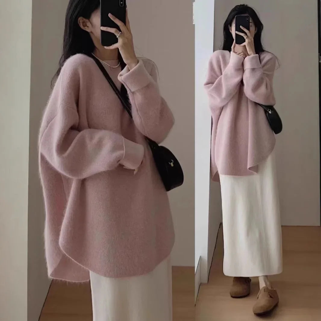겨울 스웨터 Ladies' Lazy Sle Knitted Sweater Autumn Winter Faionable Base Layer Irt Inner Wear Mermaid Color Matching Top