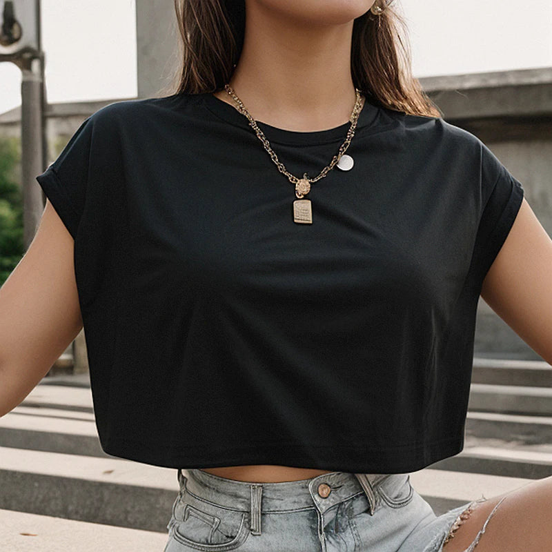 Woman Clothes Summer 2026 O-neck Batwing Sleeve Crop Top Solid Color Loose Female Clothing Sexy Y2k T-shirt Comfortable Elastic