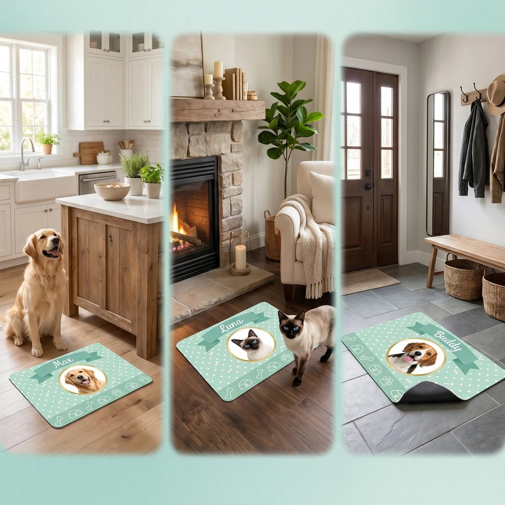 Custom Mint Polka Dot Pet Feeding Mat with Photo & Name,Non-slip Easy Clean,Puppy Training Mat,Home Decoration,Pet Memorial