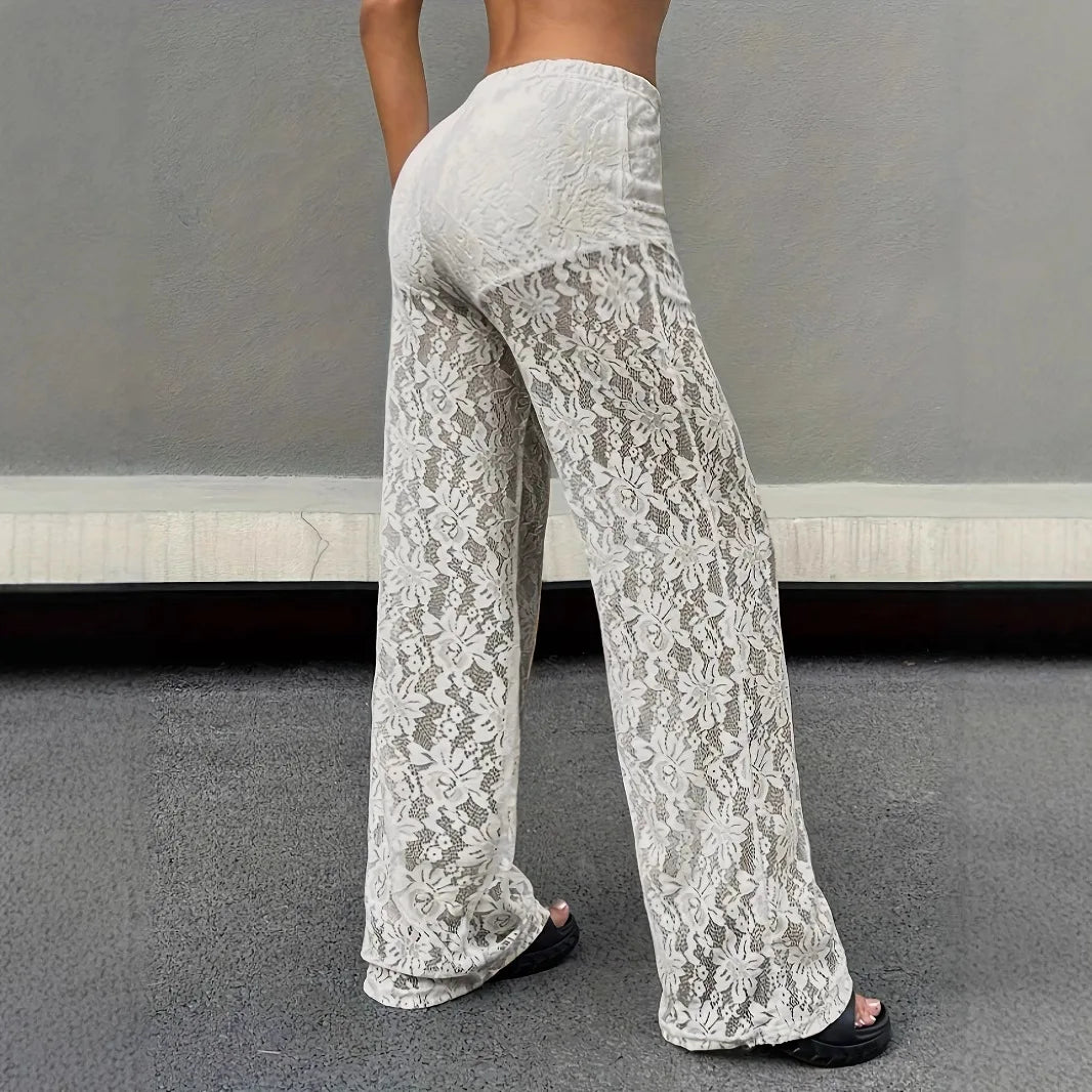 Black lace pants for spring and autumn fashionable personalized trendy slightly transparent straight leg pants