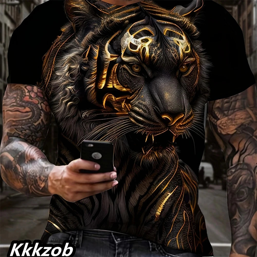 Mens Lion Print Short Sleeve Crew Neck T-Shirt Soft Breathable Casual Wear Outdoor Activities Summer Essential Clothing Tshirts