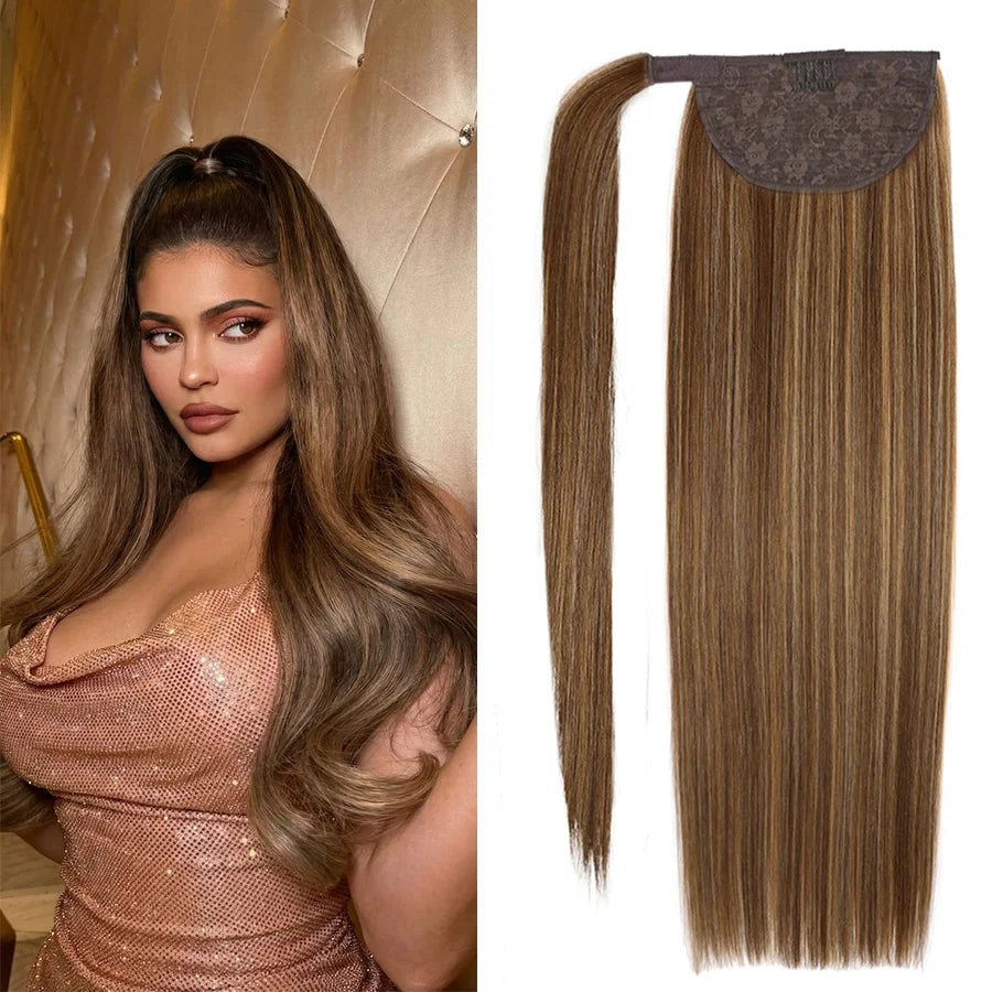 100% Human Hair Ponytail European Straight 120gram Wrap Around Clip In Pony Tail Machine Remy Hair 12-26 Inches For  Salon