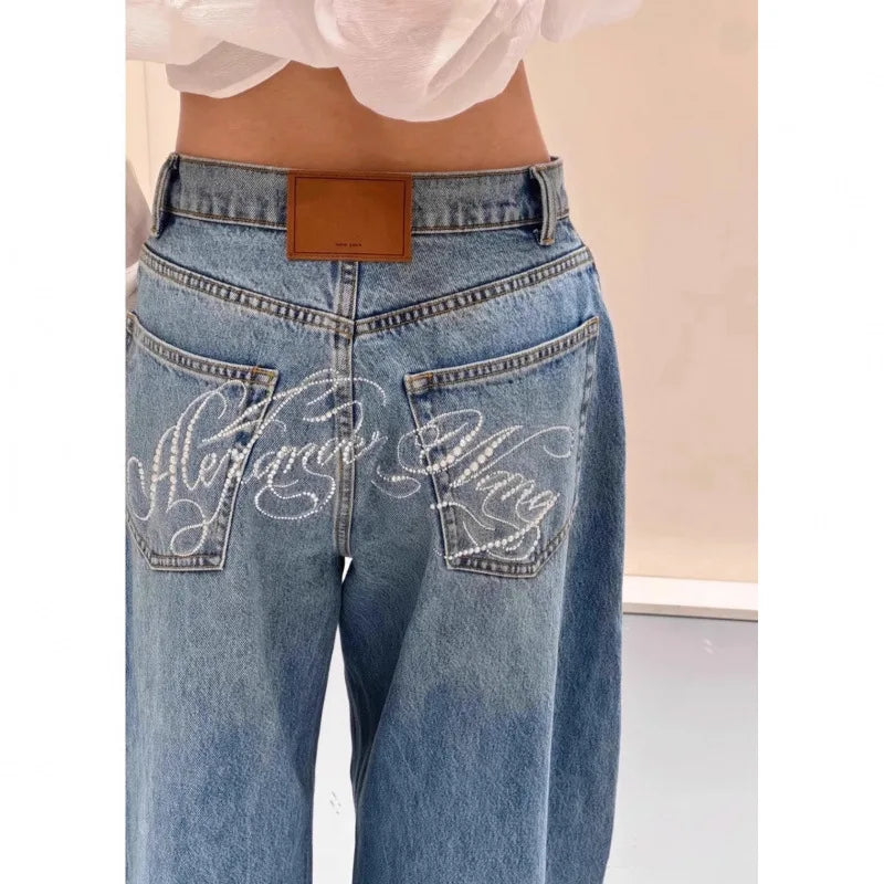 Women Jeans Spliced Straight Pants Jean Denim Washed Full Length Pants Loose Pockets High Waist Zipper Fly Distressed Basics