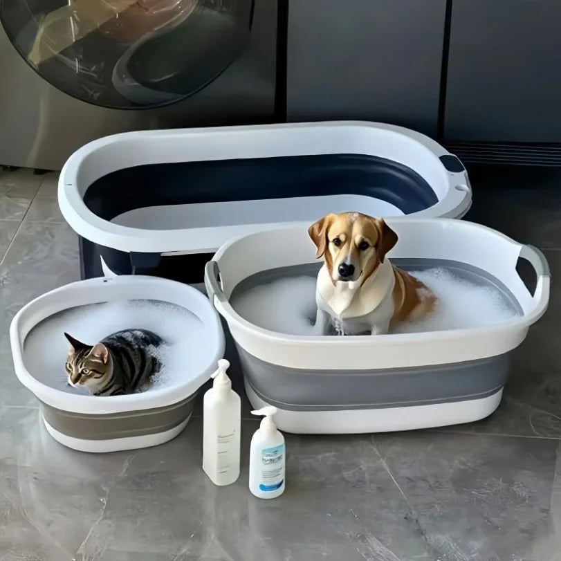 Portable pet folding bathtub + bath brush - Anti-slip, easy to store, gentle care, light beige color, suitable for dogs and cats
