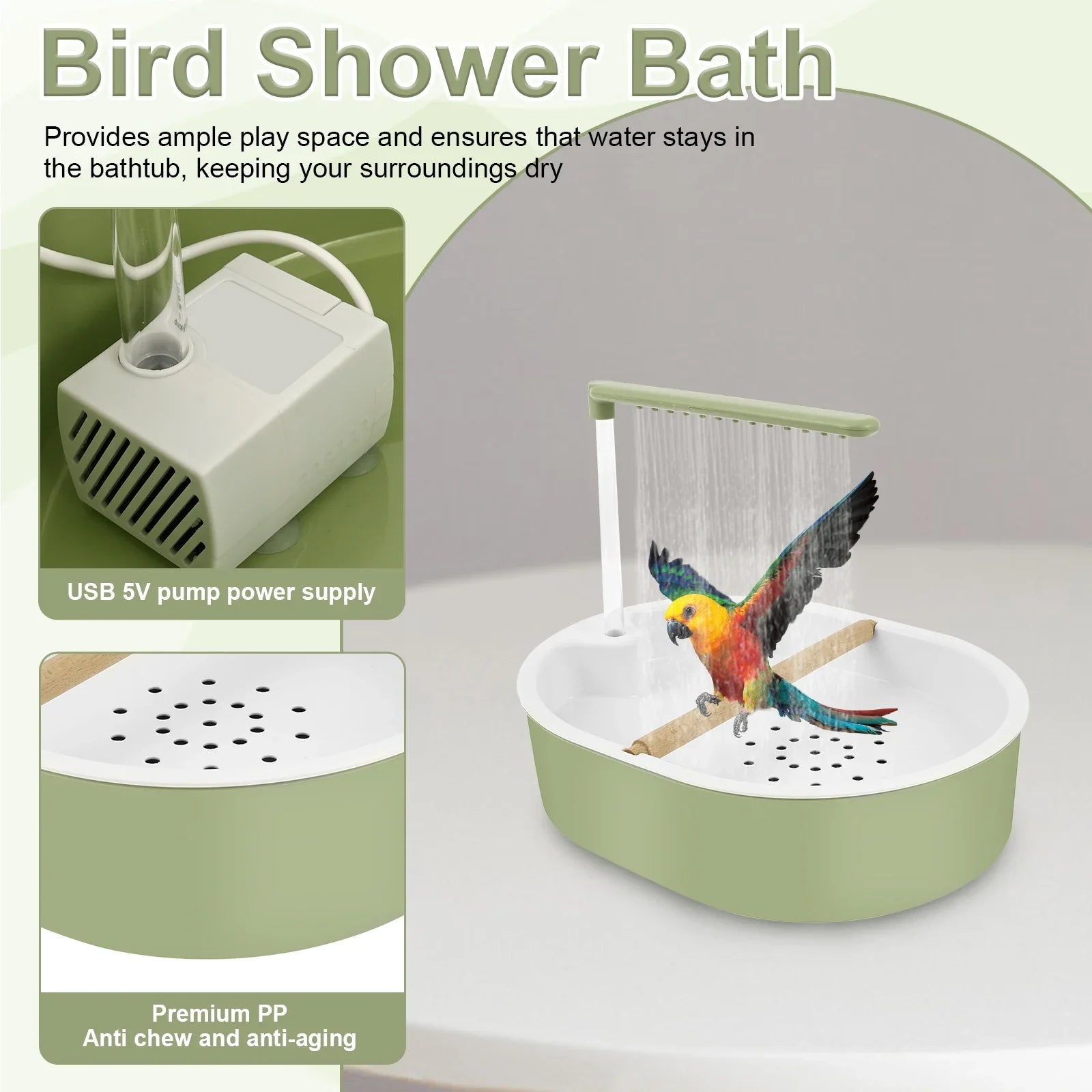 Parrot Automatic Bird Bath Tub Shower Fountain USB Electric Circulating Faucet Pet Large Bird Bathtub Cleaning Supplies