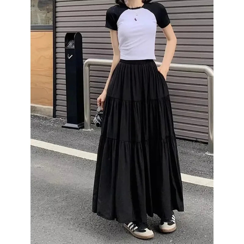 New Women Korean Tiered Maxi Skirt Elastic Waist Casual Solid Color A-line Faldas Mujer Holiday Streetwear Long Black Skirt
