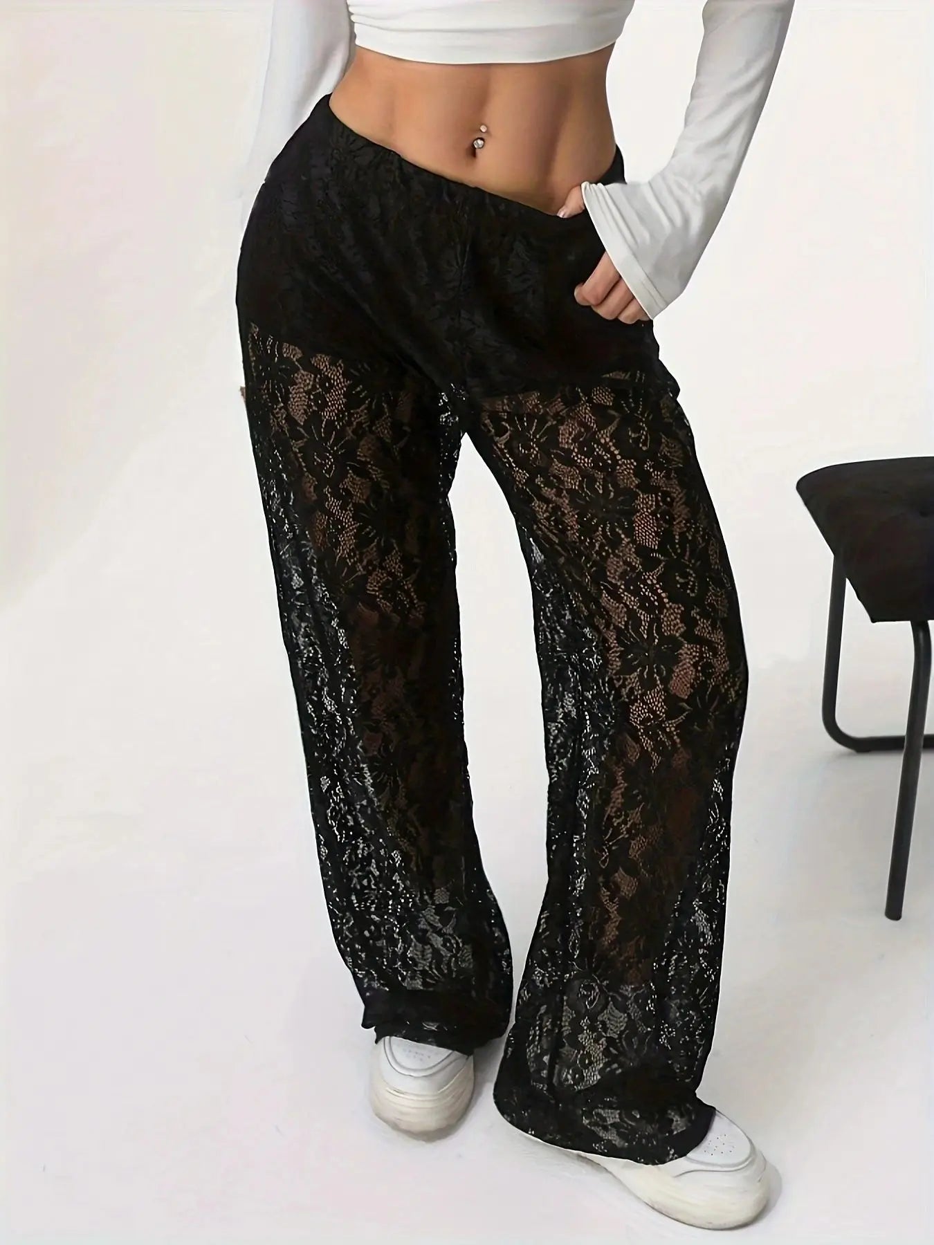 Black lace pants for spring and autumn fashionable personalized trendy slightly transparent straight leg pants