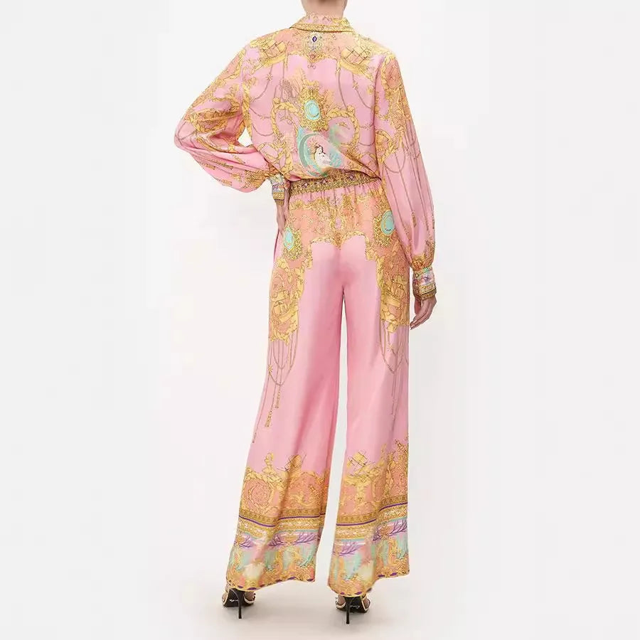 Swimsuit Cover Up Beach Women Dress Summer 2026 Kaftan Saida De Praia New Leisure Vacation Long Sleeved Pink Printed Shirt Pants