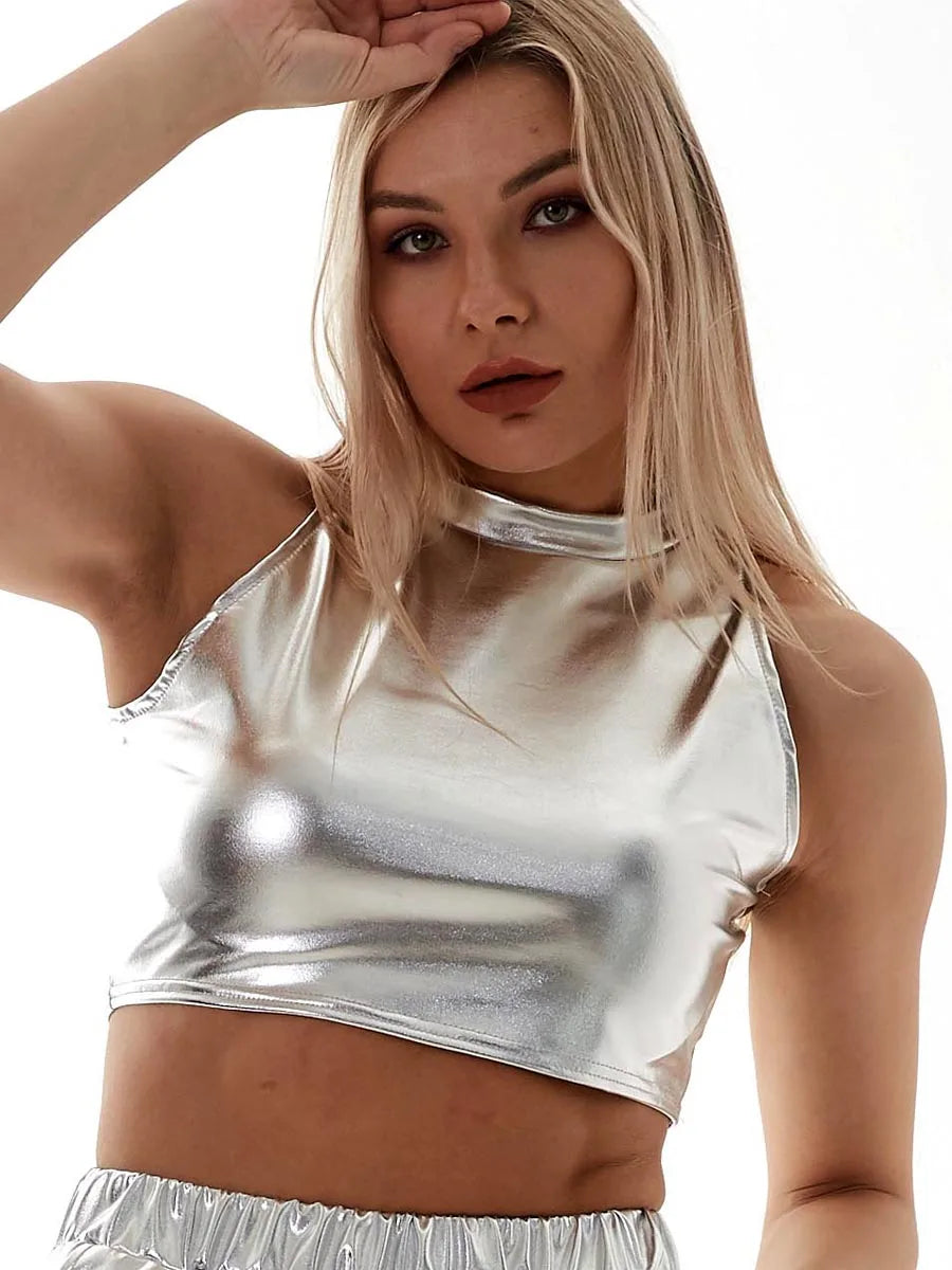 Sexy Shiny Sleeveless Turtleneck Cami Vest Women High Street Holographic Tank Tops Summer Punk Metallic Crop Top Rave Clubwear