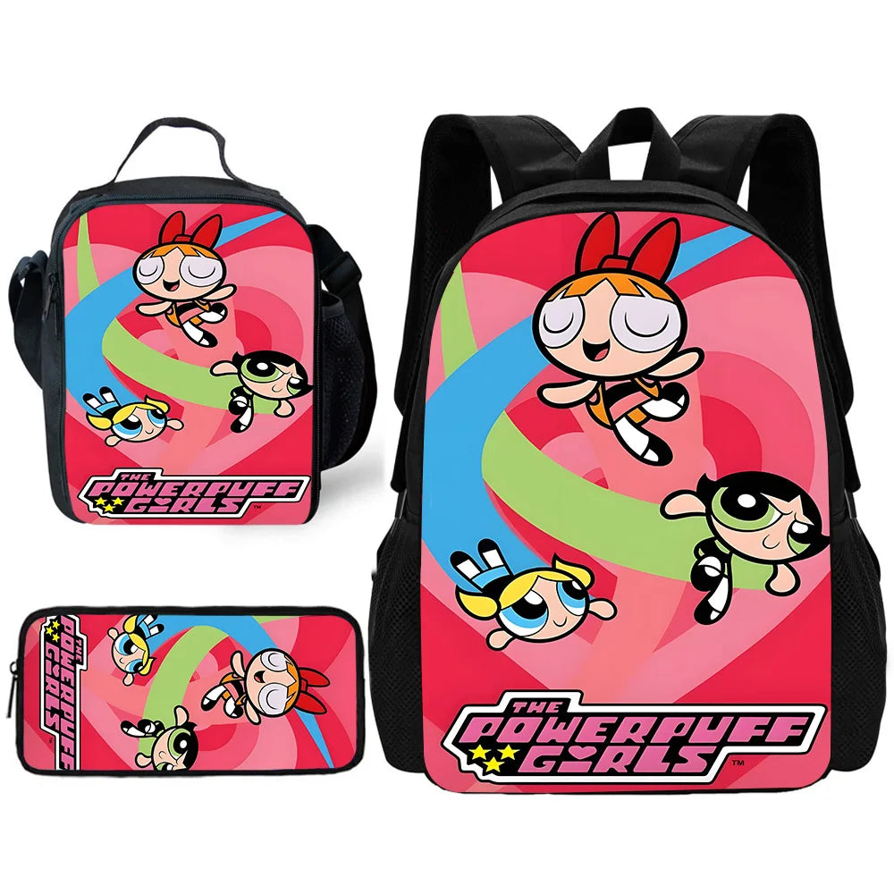 Child Cute Anime Powerpuffs Girlss School Backpack with Lunch Bags ,Pencil Bags ,School Bags for Boys Girls Best Gift