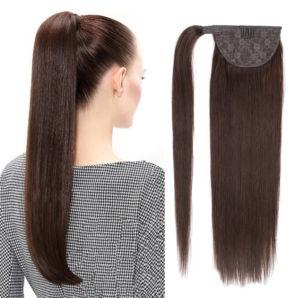 100% Human Hair Ponytail European Straight 120gram Wrap Around Clip In Pony Tail Machine Remy Hair 12-26 Inches For  Salon
