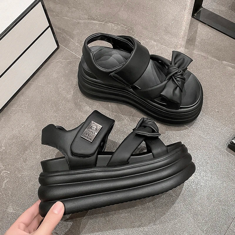 High Platform Sandals Women 2025 Summer Breathable 8CM High Heels Ladies Leather Sneakers Wedges Chunky Slippers Sandalias Mujer