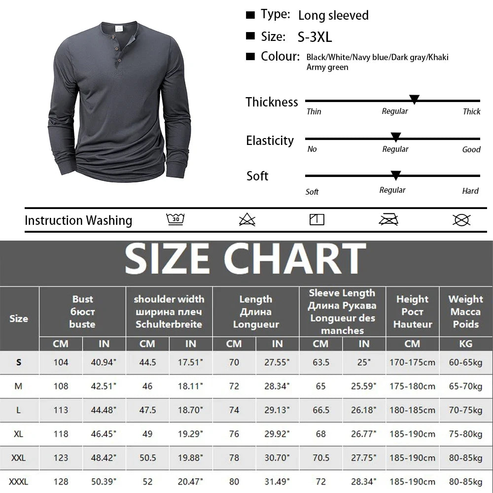 Mens Long Sleeve Henley V-neck Lightweight Long sleeves Casual Cotton Slim Fit Basic Loose Fitness Sports Breathable Top