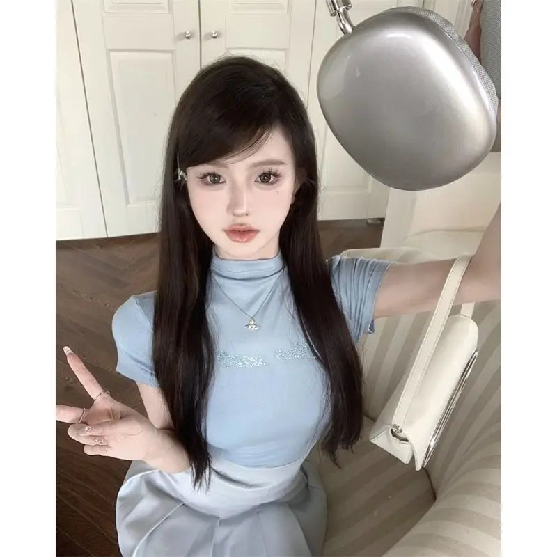 Diamond Y2k Tshirts 2025 Women Clothes High Collar Short Sleeve Summer Tees Fashion Slim Crop Tops Korean T Shirts Ropa Mujer