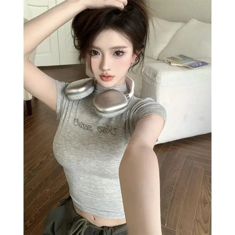 Diamond Y2k Tshirts 2025 Women Clothes High Collar Short Sleeve Summer Tees Fashion Slim Crop Tops Korean T Shirts Ropa Mujer