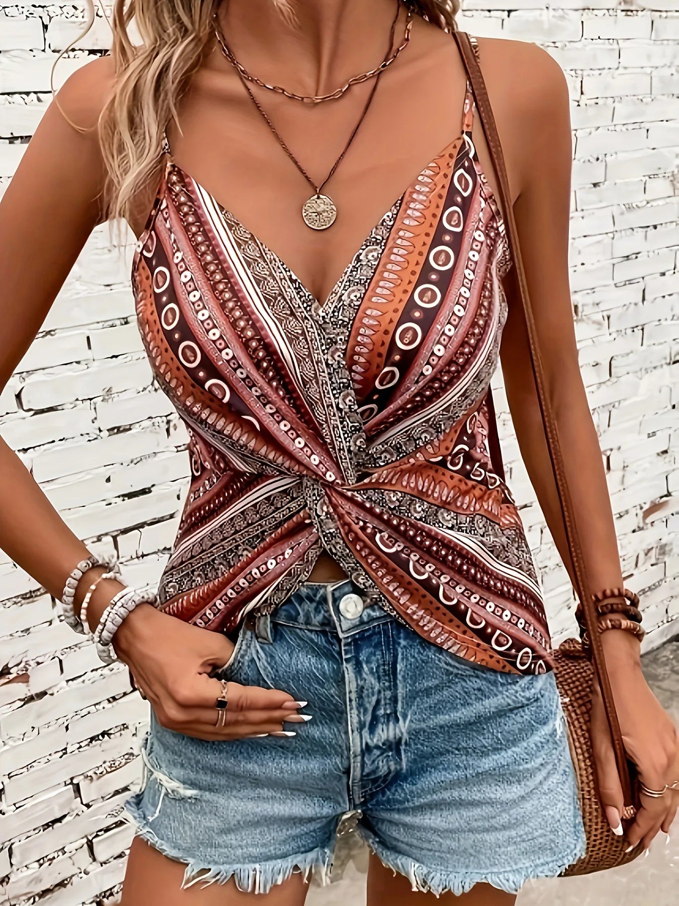 European and American new ethnic retro style spaghetti print chain print knot vest sexy V-neck small suspender top for women