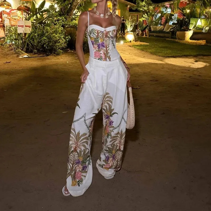 Casual Off Shoulder Sling Top+Coat+Pants Three Piece Set New Spring Summer Holiday Women's Suit Elegant Printed Straight Outfit