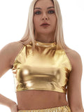 Sexy Shiny Sleeveless Turtleneck Cami Vest Women High Street Holographic Tank Tops Summer Punk Metallic Crop Top Rave Clubwear