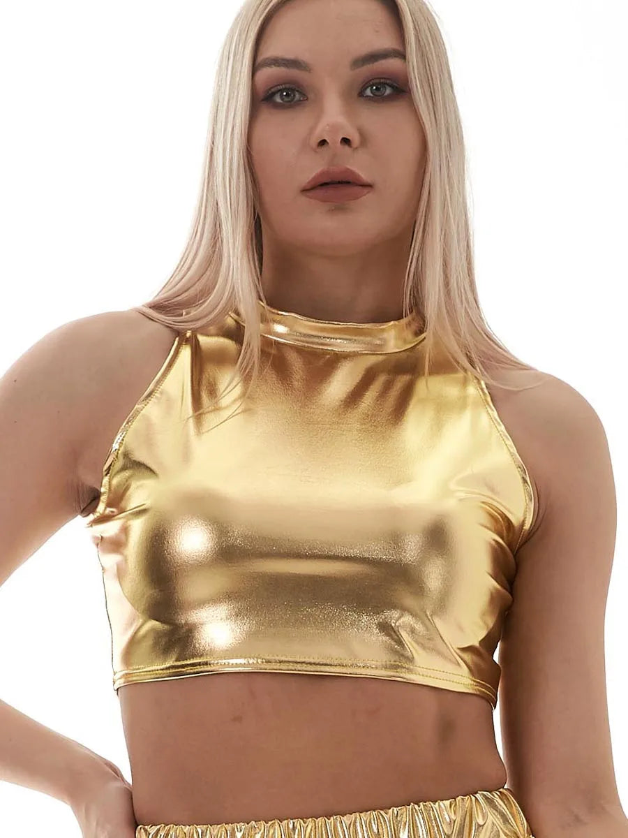 Sexy Shiny Sleeveless Turtleneck Cami Vest Women High Street Holographic Tank Tops Summer Punk Metallic Crop Top Rave Clubwear