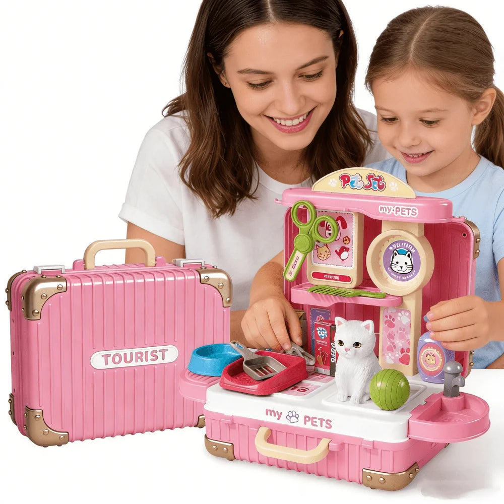 Play House Tools, Children's Pet Care Role-playing Toys, Children's Pet Care Set with Toy Cat and Storage Backpack, Christmas