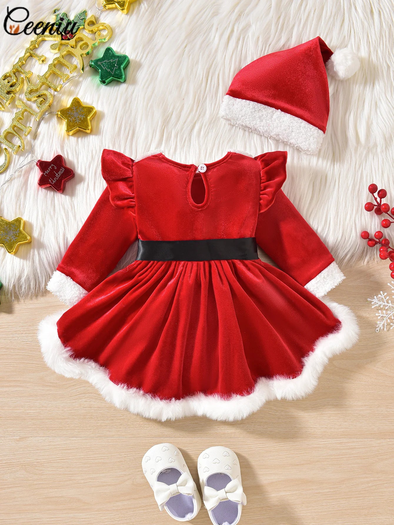 Baby Girl Christmas Costumes Plush Velvet Red Santa Claus Bodysuit Dresses For Newborns With Hat My First New Year Baby Clothes