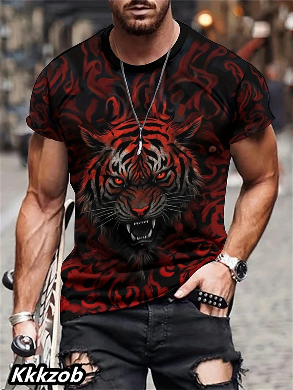 Mens Lion Print Short Sleeve Crew Neck T-Shirt Soft Breathable Casual Wear Outdoor Activities Summer Essential Clothing Tshirts