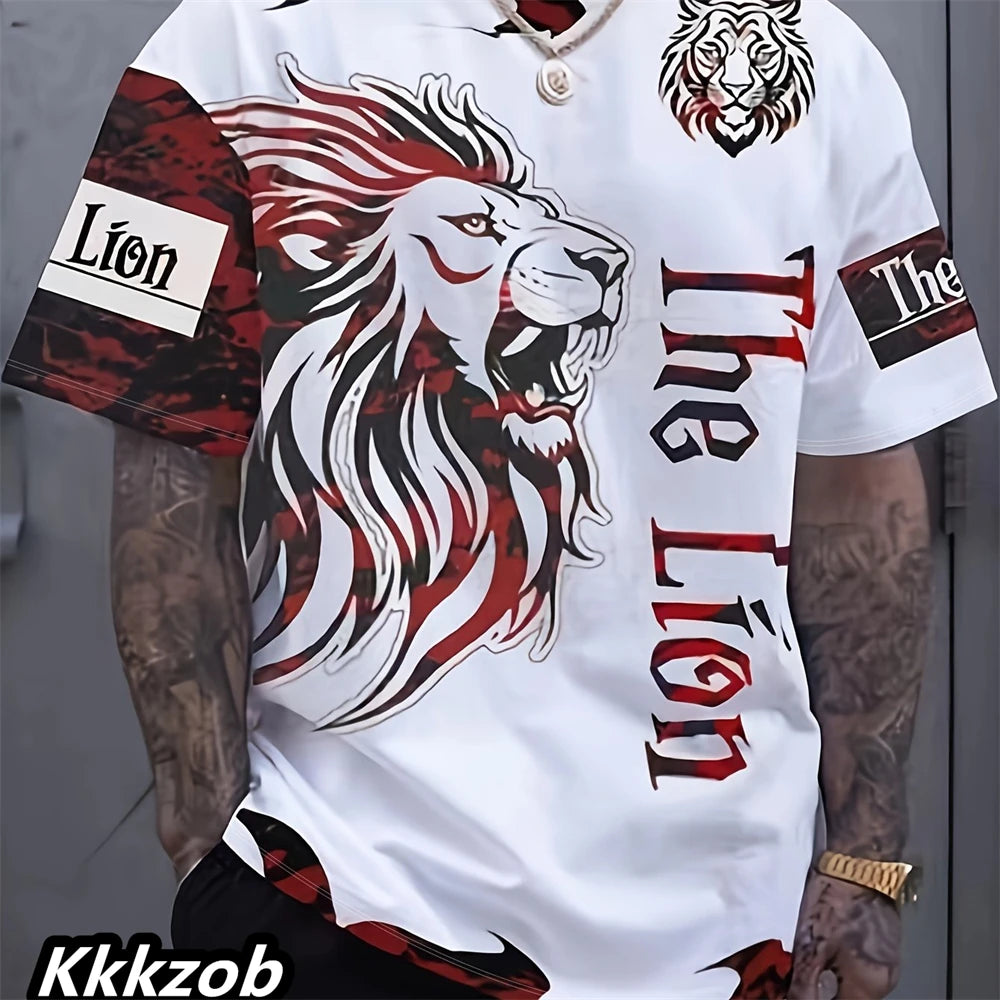 Mens Lion Print Short Sleeve Crew Neck T-Shirt Soft Breathable Casual Wear Outdoor Activities Summer Essential Clothing Tshirts