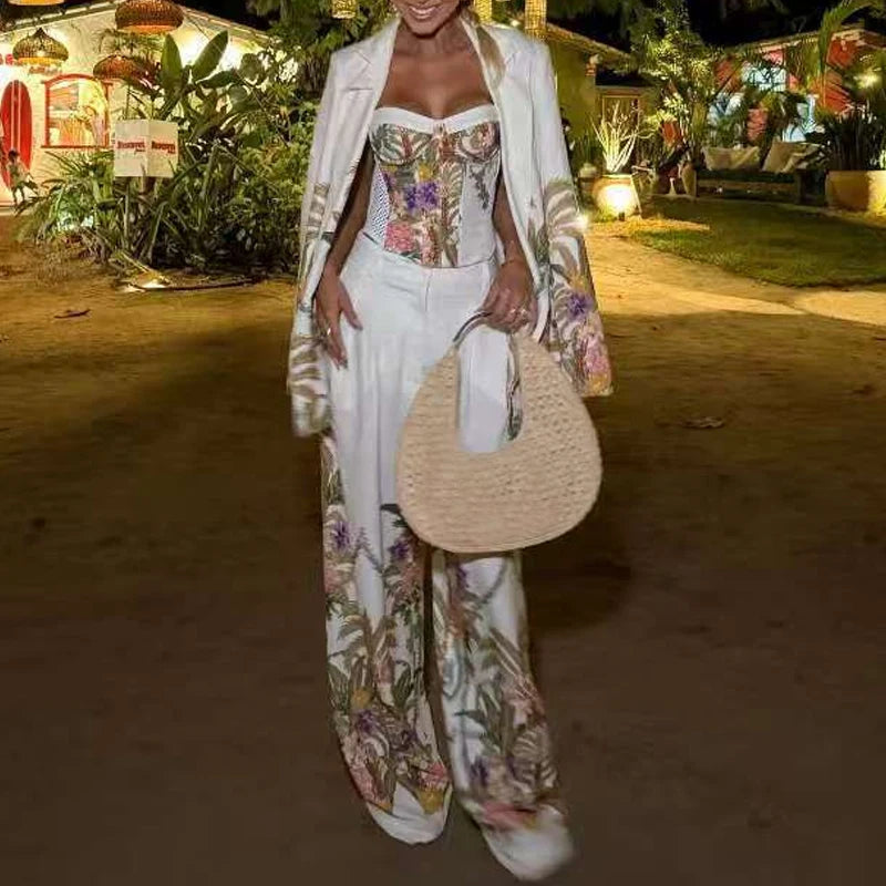 Casual Off Shoulder Sling Top+Coat+Pants Three Piece Set New Spring Summer Holiday Women's Suit Elegant Printed Straight Outfit