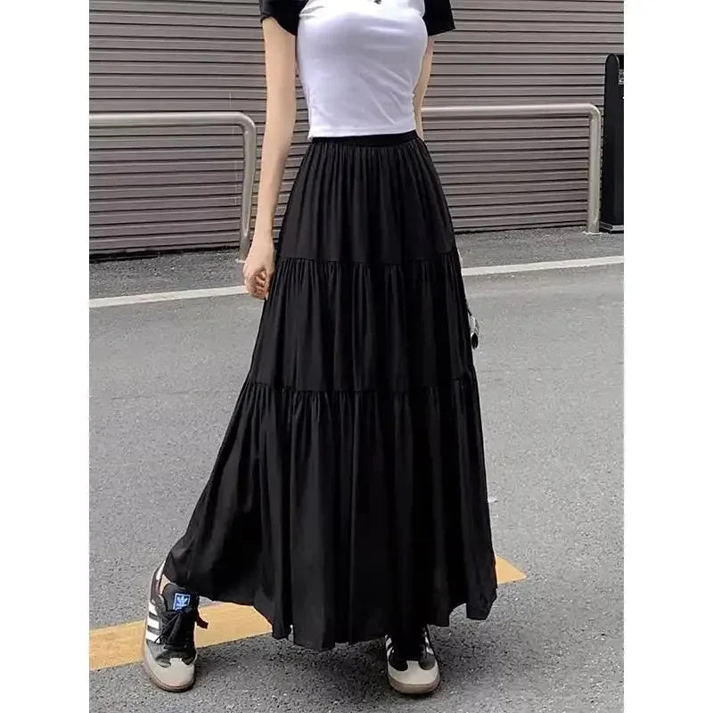 New Women Korean Tiered Maxi Skirt Elastic Waist Casual Solid Color A-line Faldas Mujer Holiday Streetwear Long Black Skirt