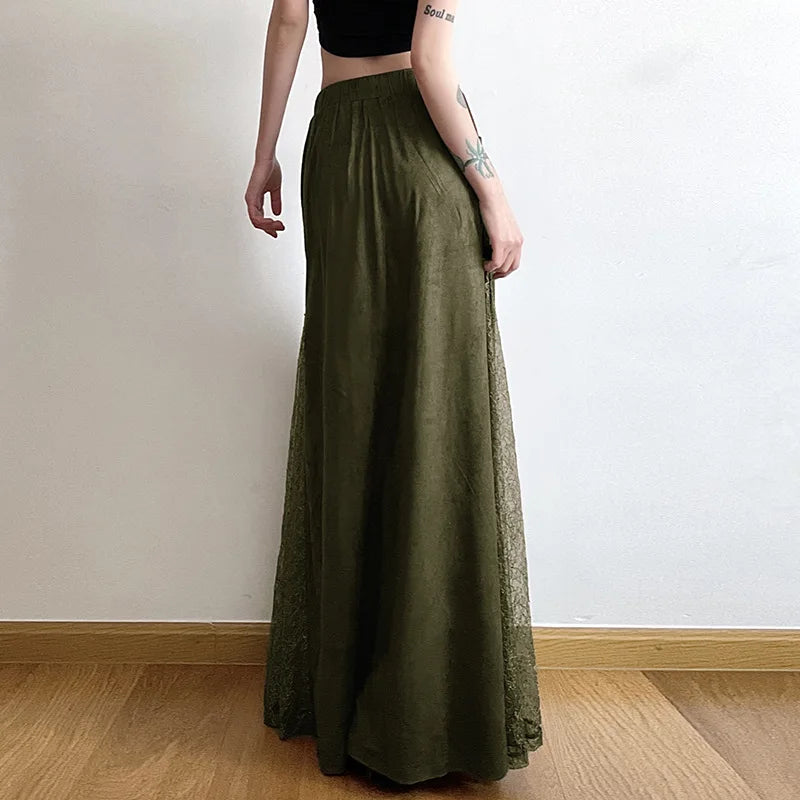 Women Vintage Suede Nap Lace Patchwork Hem Zip Long Skirt Cyber Y2K Chic Drawstring Pocket A-line Skirts Lady Grunge Streetwear