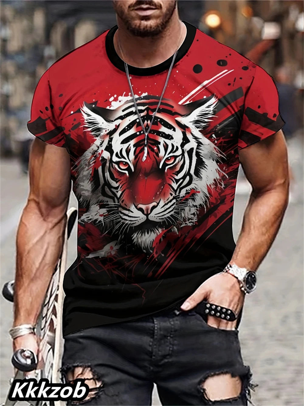 Mens Lion Print Short Sleeve Crew Neck T-Shirt Soft Breathable Casual Wear Outdoor Activities Summer Essential Clothing Tshirts