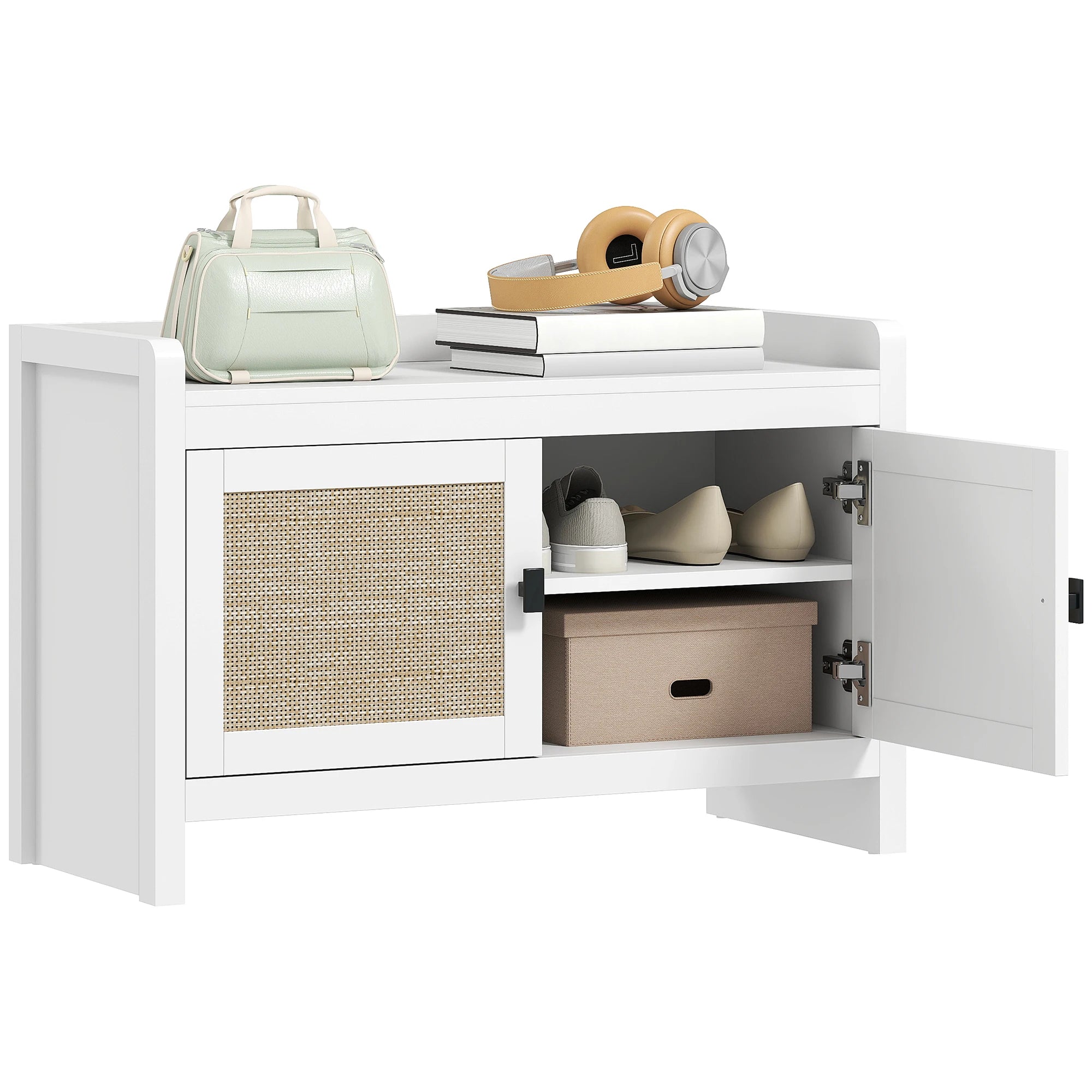 Homcom Shoe Bench with Rattan Front Doors Removable Shelf for Entryway or Bedroom 80X35X52 cm White and Beige