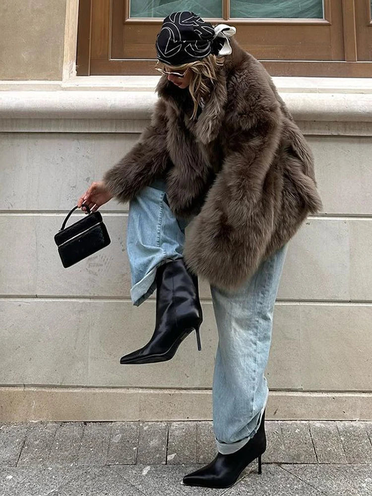2025 Winter Women's Faux Fur Coats Fashion Stand Collar Short Jackets Warm Long Sleeve High Street Commute Lady Brown Outerwear