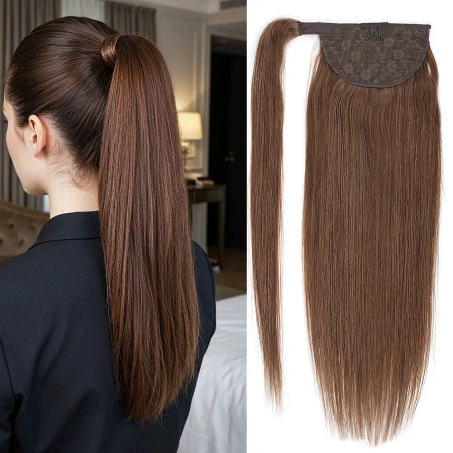 100% Human Hair Ponytail European Straight 120gram Wrap Around Clip In Pony Tail Machine Remy Hair 12-26 Inches For  Salon