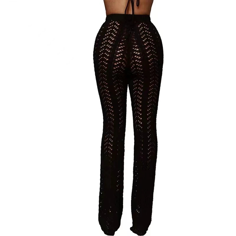 Hollow Out Knitted High Waist Sexy Women Pants Streetwear Crochet Y2k Wide Leg Pants Beach Cotton Casual Trouser Sweatpants