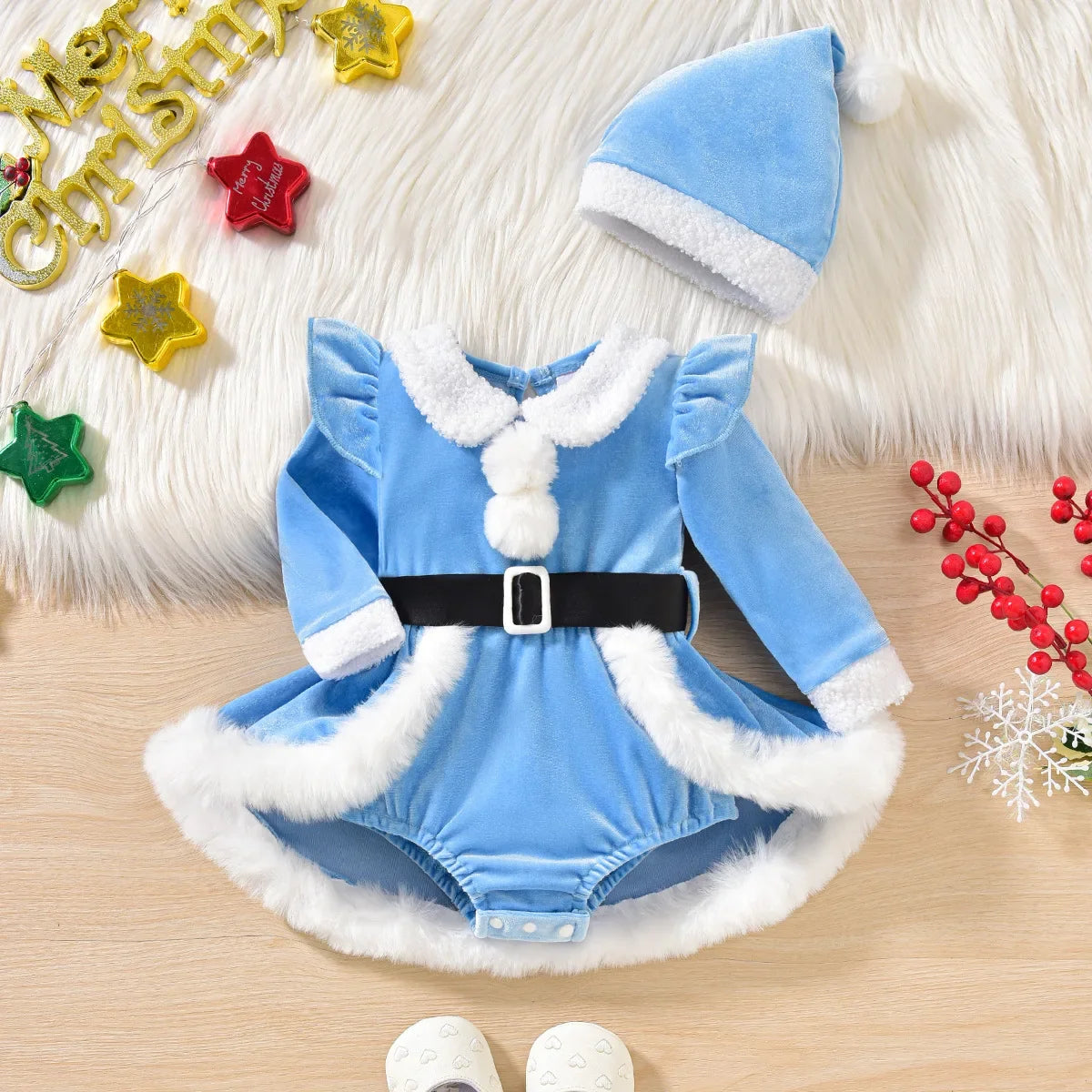 Baby Girl Christmas Costumes Plush Velvet Red Santa Claus Bodysuit Dresses For Newborns With Hat My First New Year Baby Clothes