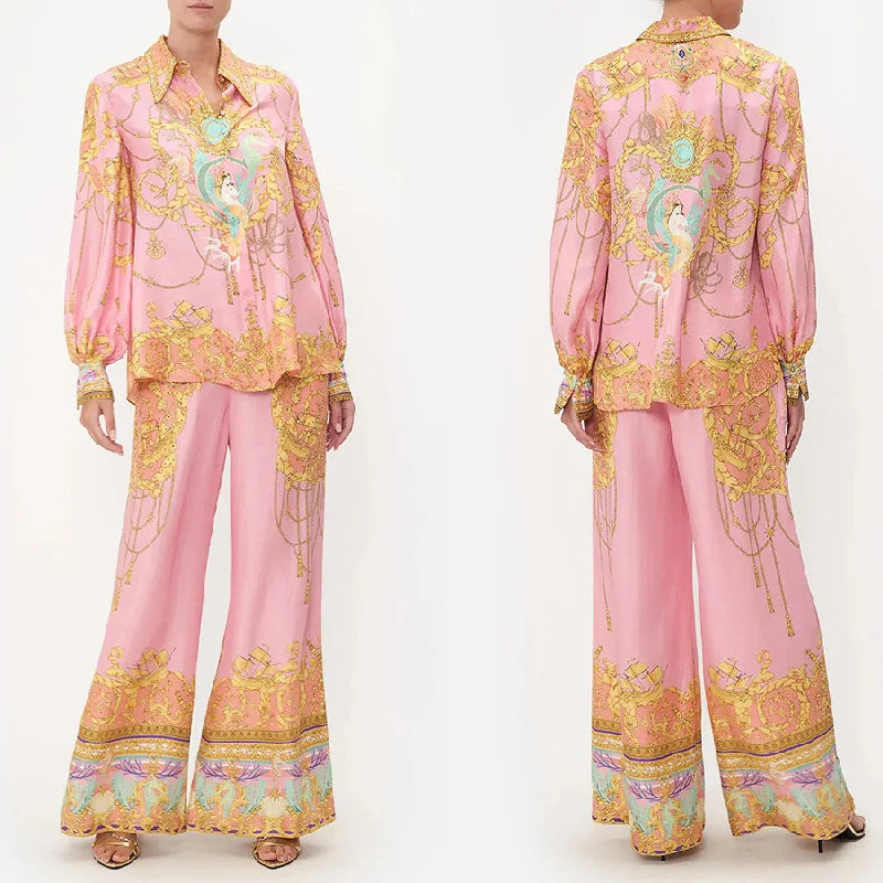 Swimsuit Cover Up Beach Women Dress Summer 2026 Kaftan Saida De Praia New Leisure Vacation Long Sleeved Pink Printed Shirt Pants