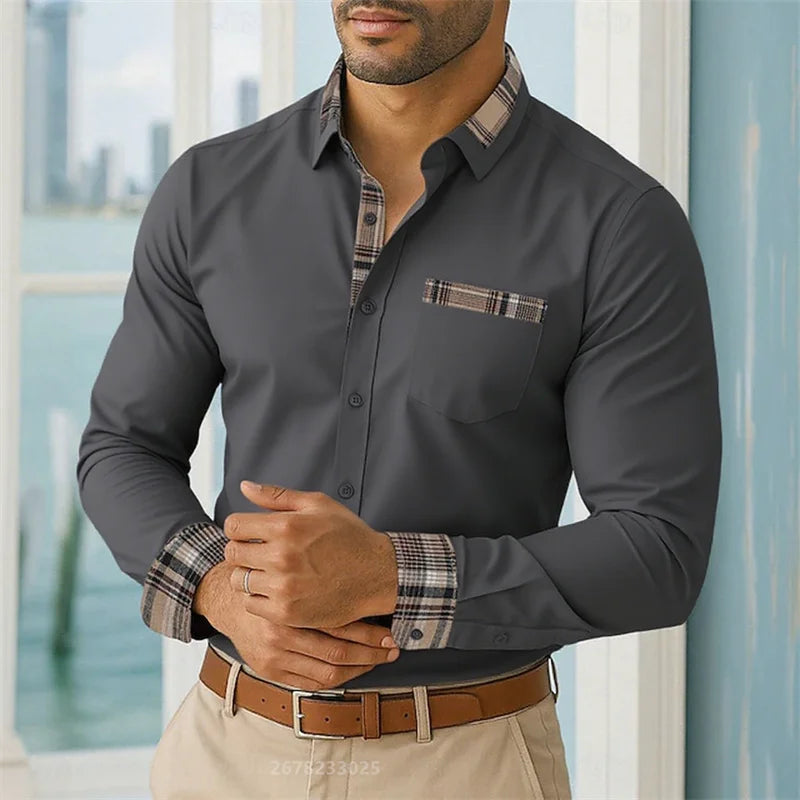 2025 men's lapel long-sleeved button-down casual shirt soft and comfortable daily vacation outdoor office high-quality tops