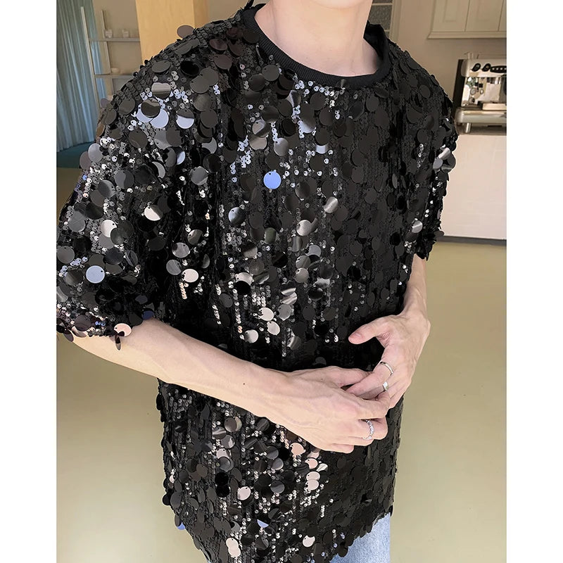 Sequin Short Sleeve T-shirts Men Streetwear Fashion Show Party Clothing Couple Unisex Tshirts Women Summer Tops Tees Shirts