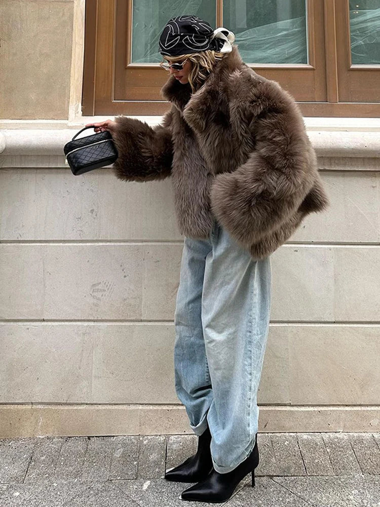 2025 Winter Women's Faux Fur Coats Fashion Stand Collar Short Jackets Warm Long Sleeve High Street Commute Lady Brown Outerwear