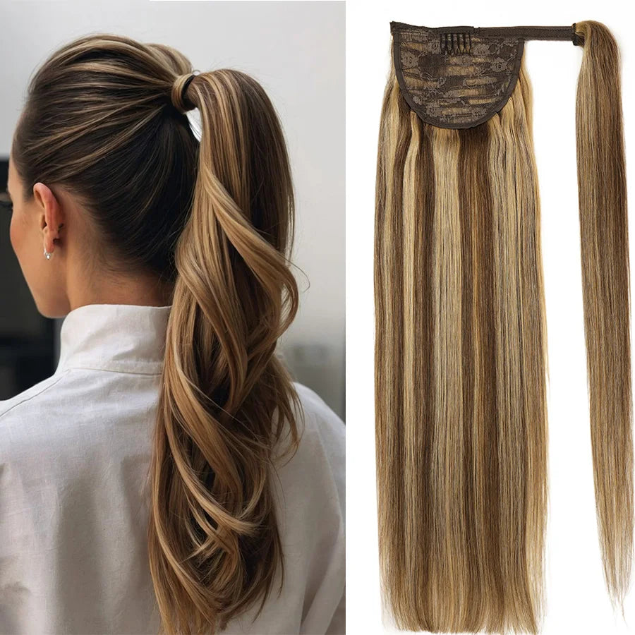 100% Human Hair Ponytail European Straight 120gram Wrap Around Clip In Pony Tail Machine Remy Hair 12-26 Inches For  Salon