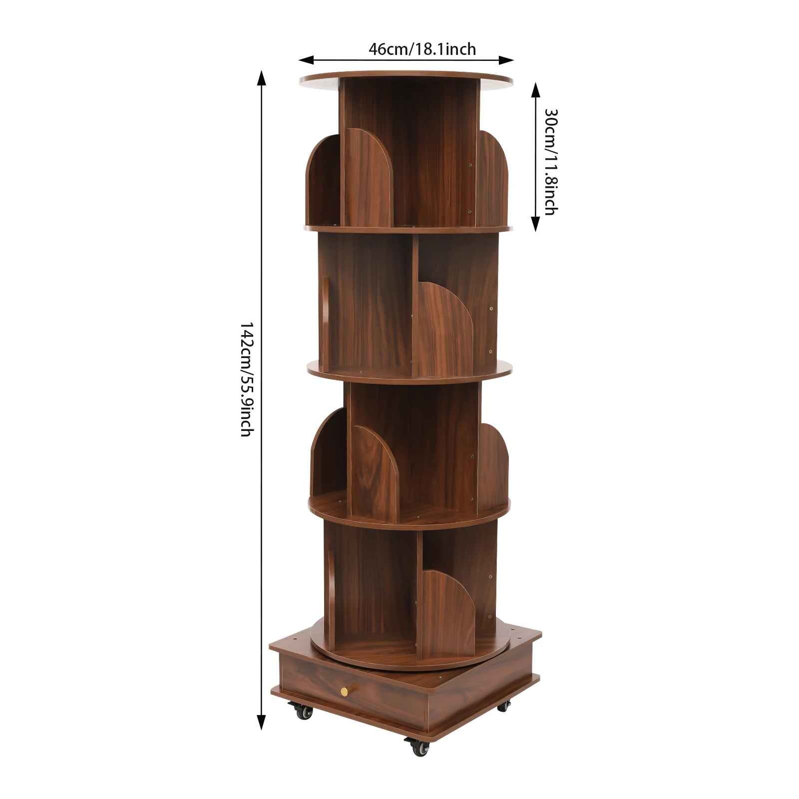 142cm Rotating Solid Wood Bookshelf with Drawer Multi-tier Bookshelf on Wheels 80-100 Books Capacity for Livingroom Balcony