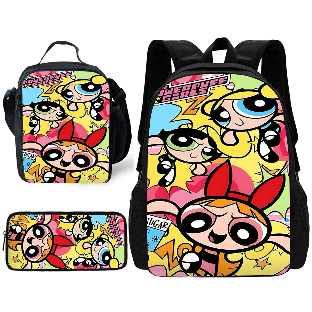 Child Cute Anime Powerpuffs Girlss School Backpack with Lunch Bags ,Pencil Bags ,School Bags for Boys Girls Best Gift