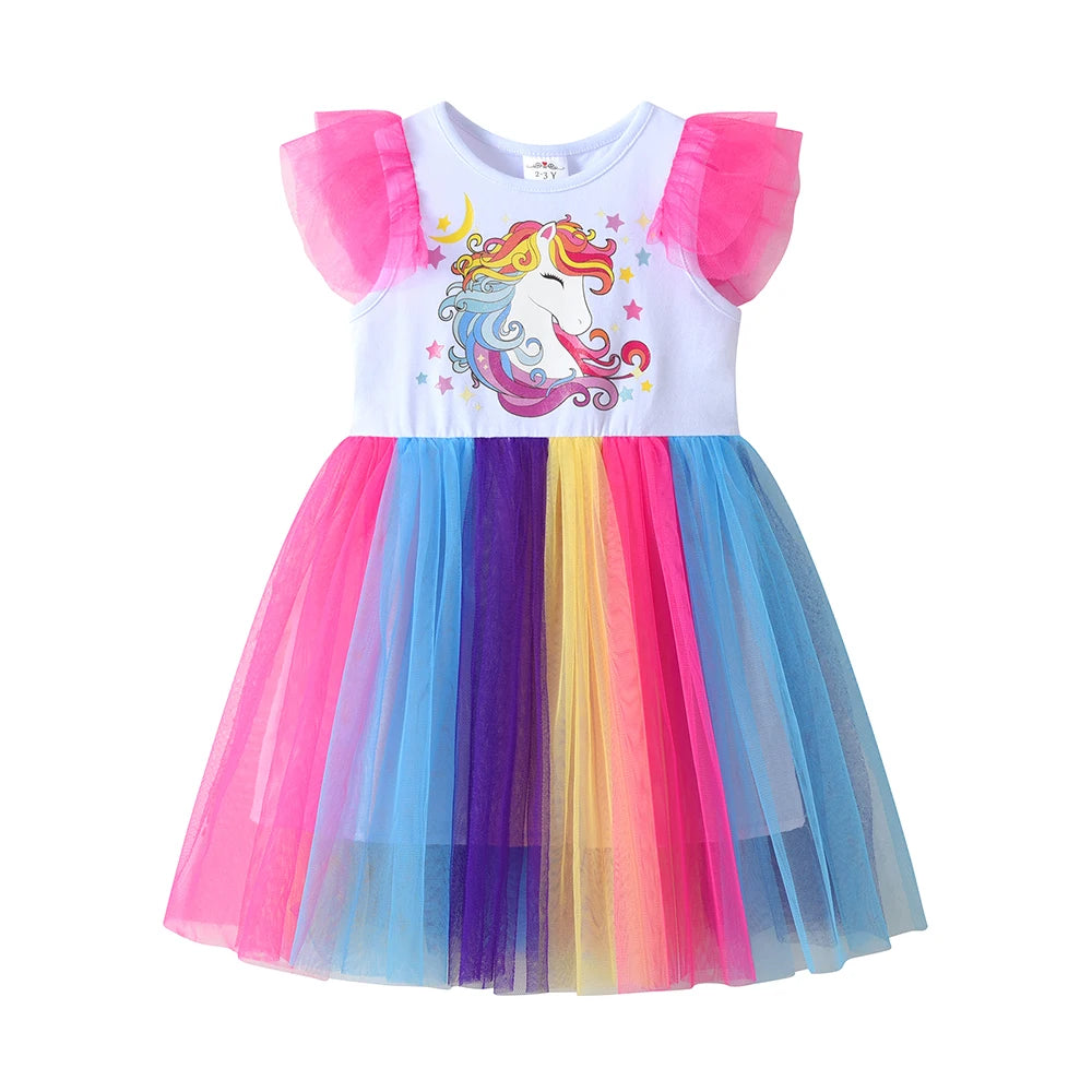 DXTON Sleeveless Summer Girls Dresses Ruffled Kids Princess Tutu Dress Patchwork Color Tulle Children Holiday Party Dress Clothe