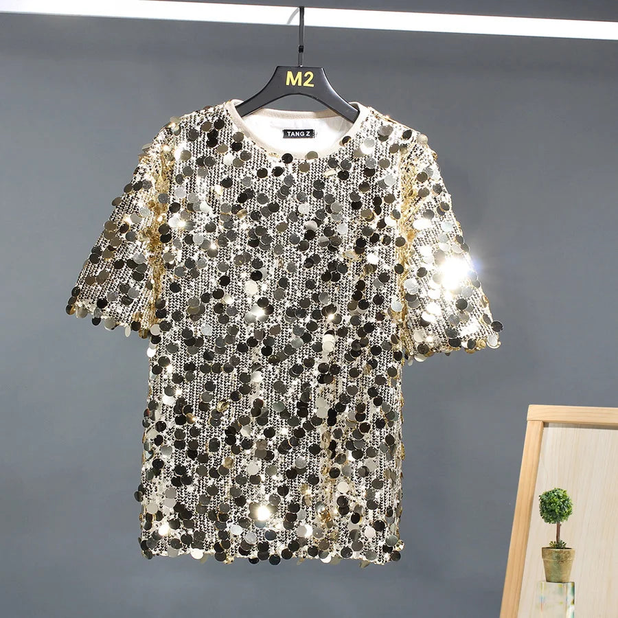 Sequin Short Sleeve T-shirts Men Streetwear Fashion Show Party Clothing Couple Unisex Tshirts Women Summer Tops Tees Shirts