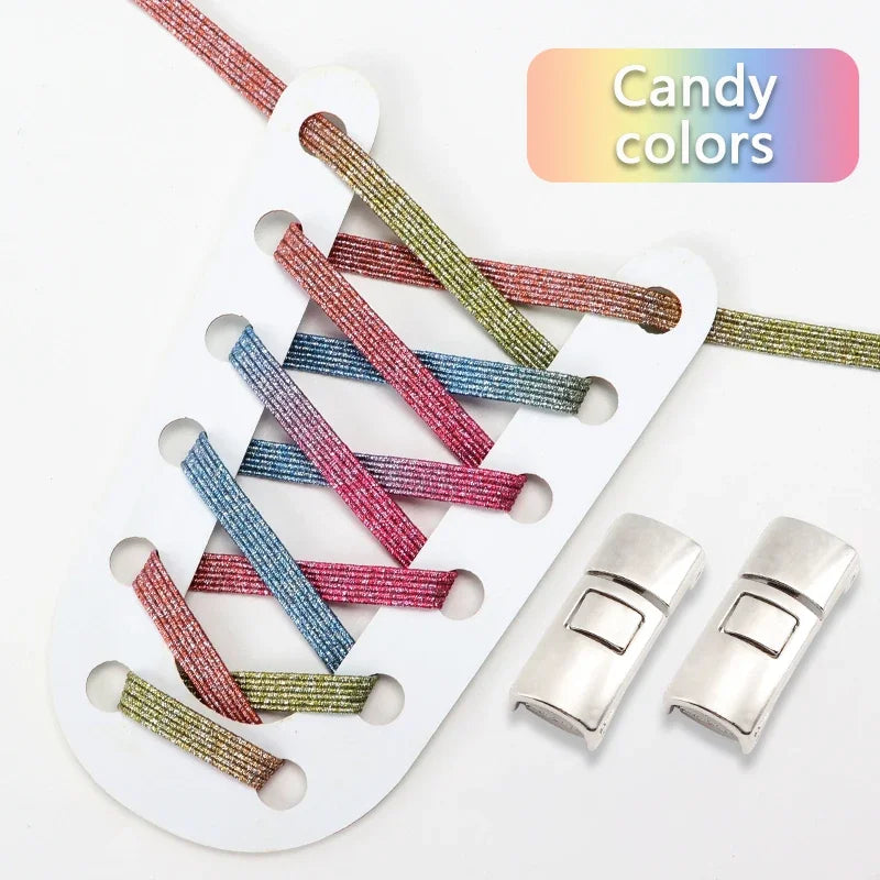 No Tie Shoelaces Flat Elastic Shoe Laces Candy Rainbow Gold Glitter Rubber Bands Cross Lock Shoelace for Sneakers Adults Kids