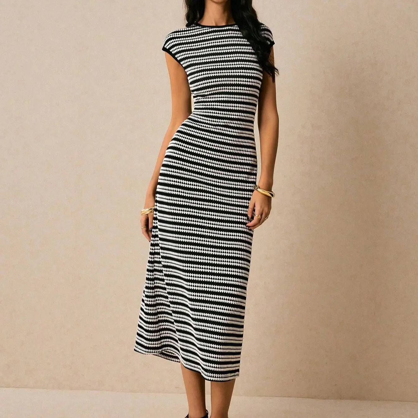 European and American striped knitted dress sleeveless slim fit one step skirt mid length women's clothing