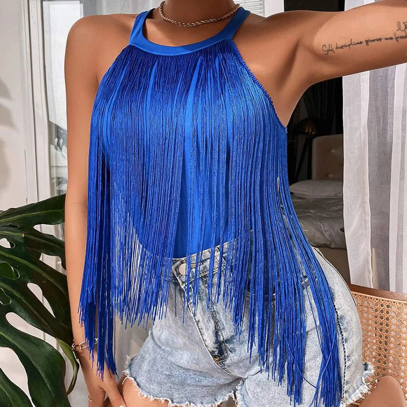 Sexy Tassels Women's Halter Crop Top Women Fashion Sleeveless Short T-shirt Top 2025 Summer Female Chic Street Tees Top