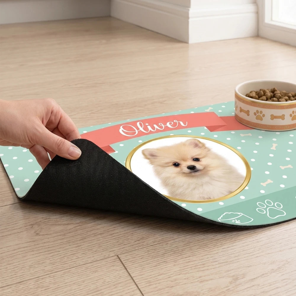 Custom Mint Polka Dot Pet Feeding Mat with Photo & Name,Non-slip Easy Clean,Puppy Training Mat,Home Decoration,Pet Memorial